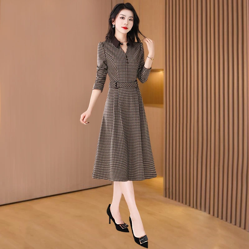 广州十三行长袖格纹连衣裙女春秋2025新款轻奢高级感高档高端妈妈
