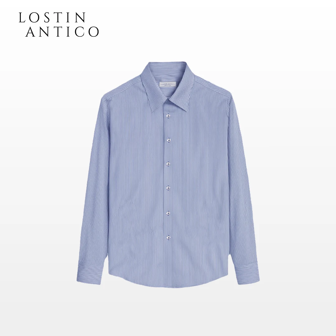 意式春PIEROTONELLA经典复古一片领白蓝宽松长袖衬衫男士休闲衬衣