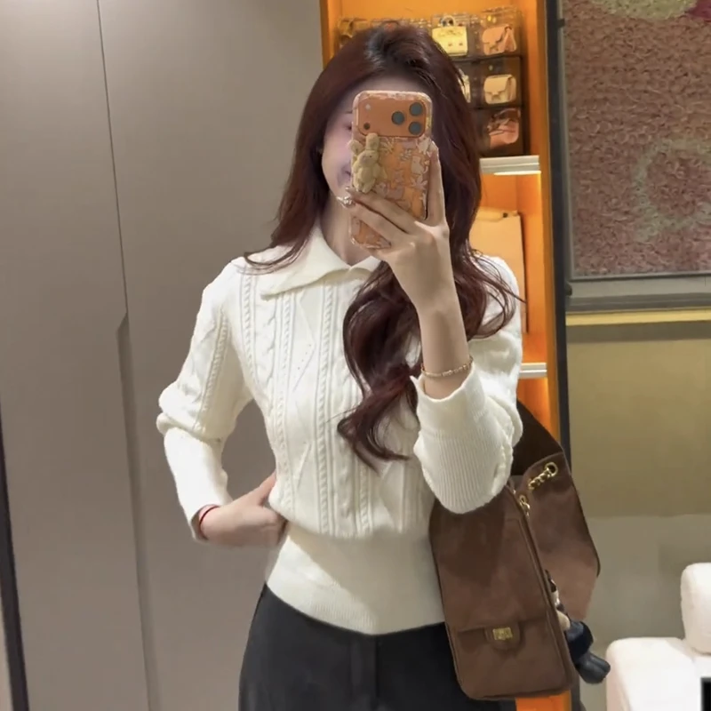 韩系减龄翻领麻花毛针织衫女2025秋冬镂空高级感收腰短款钮扣上衣
