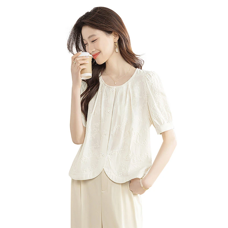 丝柏舍2025棉夏新款女装时尚圆领温柔淑女简约短袖衬衫S52B1764C