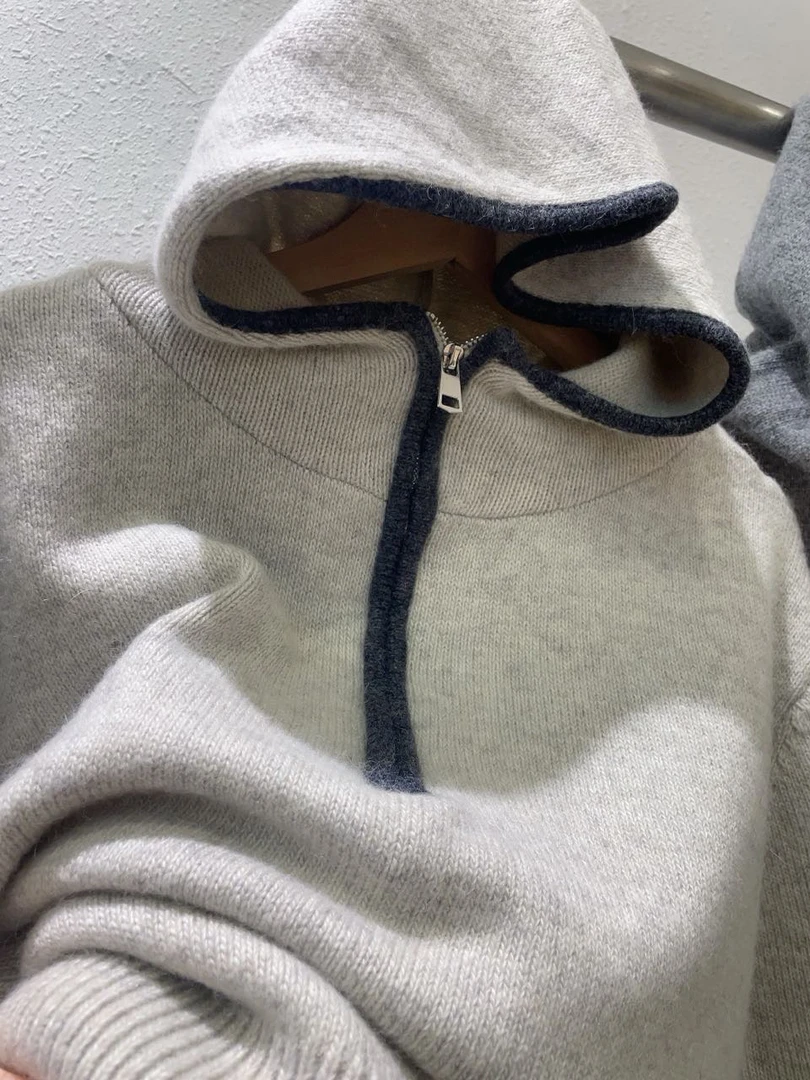 半开领羊毛针织帽衫女2024秋冬新款百搭宽松慵懒拼色休闲连帽毛衣