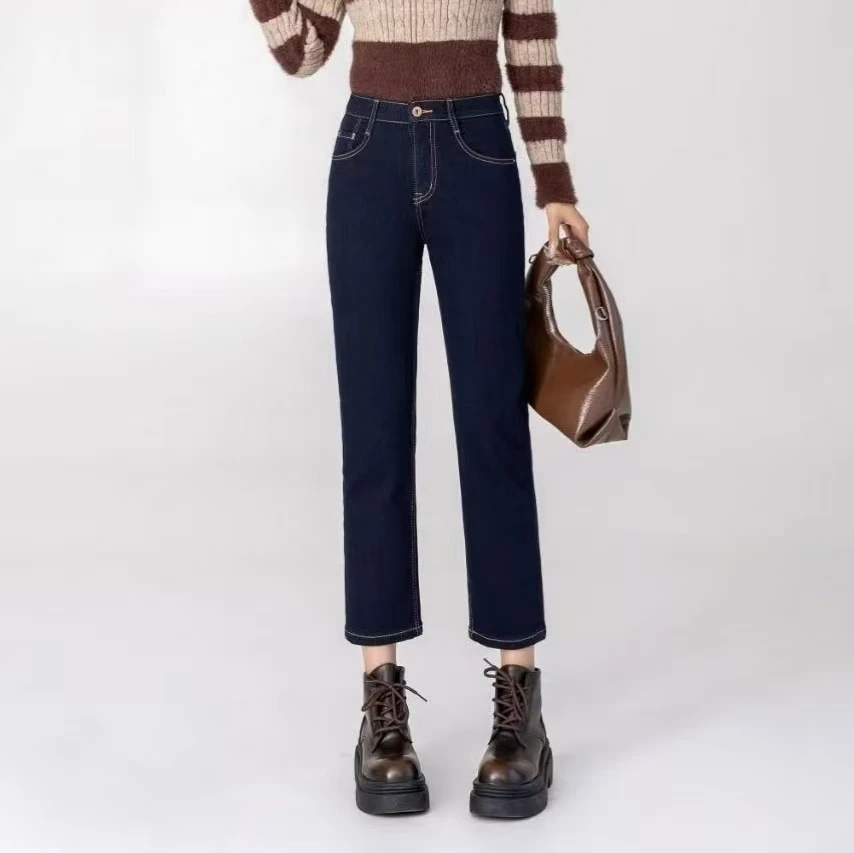 秋冬季薄绒保暖丹宁蓝显瘦百搭修身舒适烟管裤靴裤弹性牛仔裤女