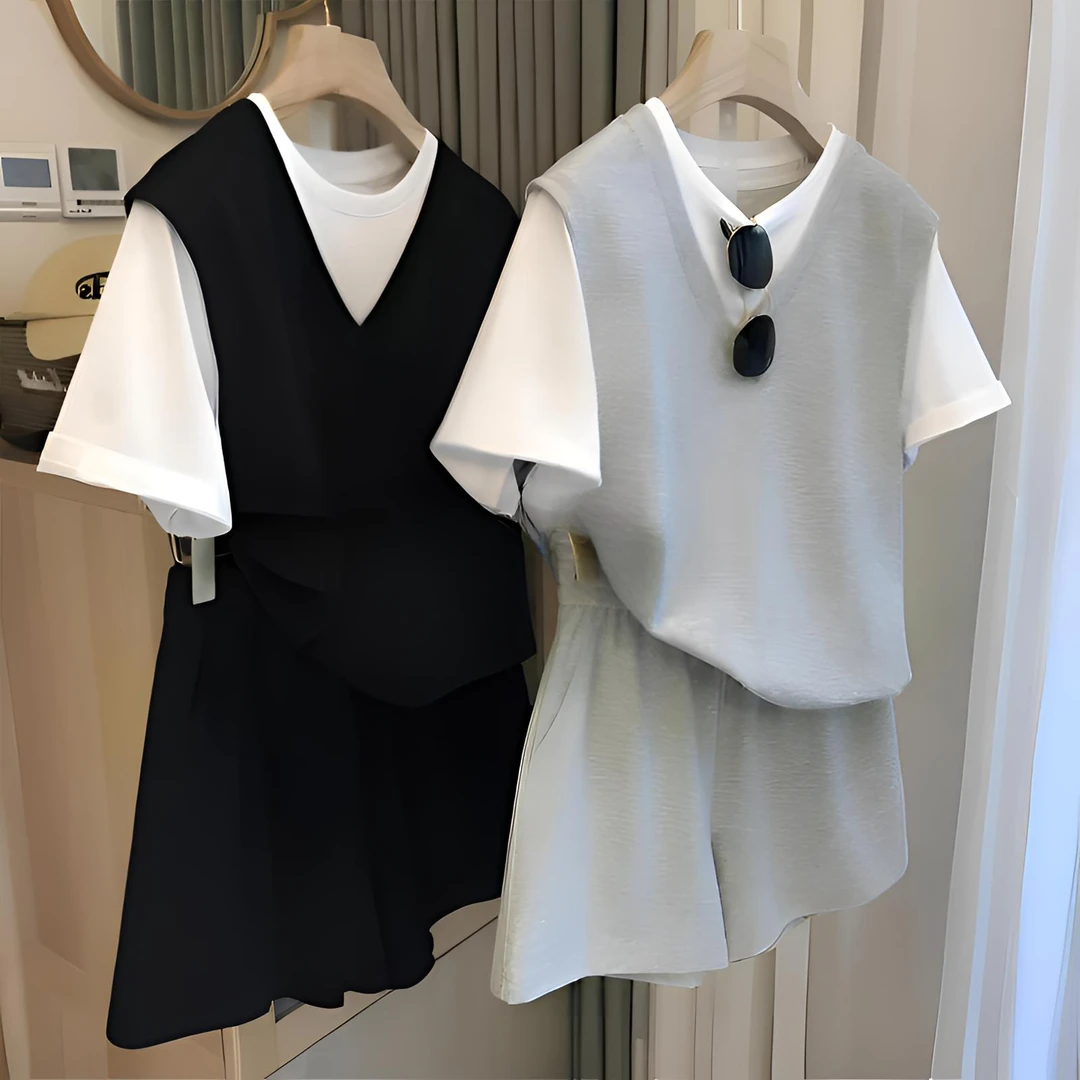 上身很舒适!宽松减龄运动套装女假两件短袖T恤休闲短裤两件套女