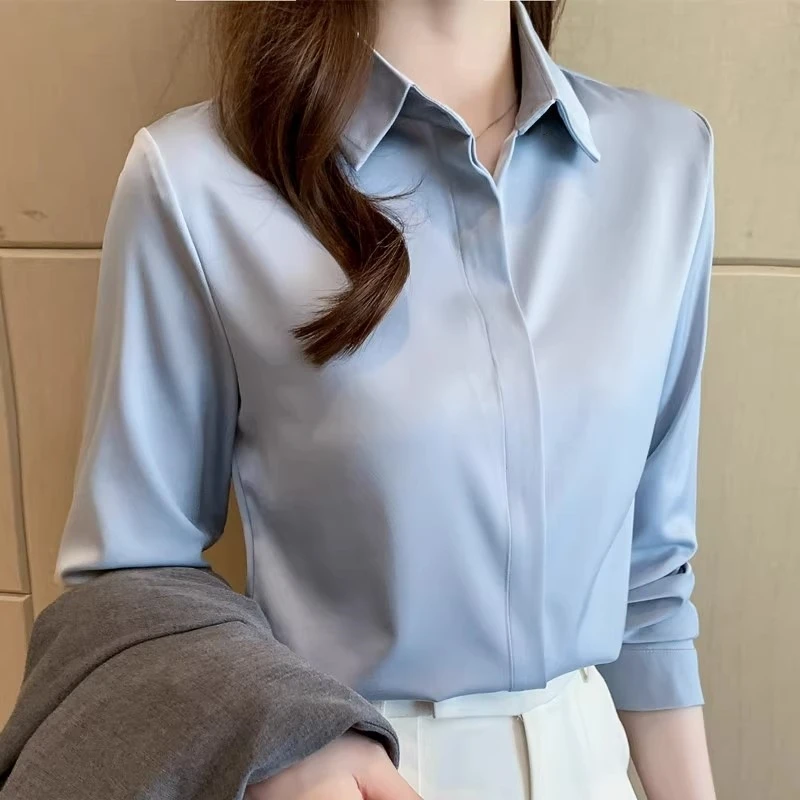 高端醋酸缎面白衬衫女春秋长袖职业通勤正装衬衣垂顺抗皱面试上衣