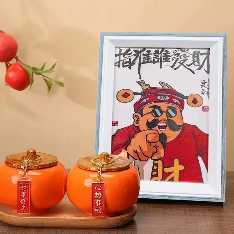 B08财神爷指谁谁发财相框摆台桌面两联发财摆件指谁谁发财1520