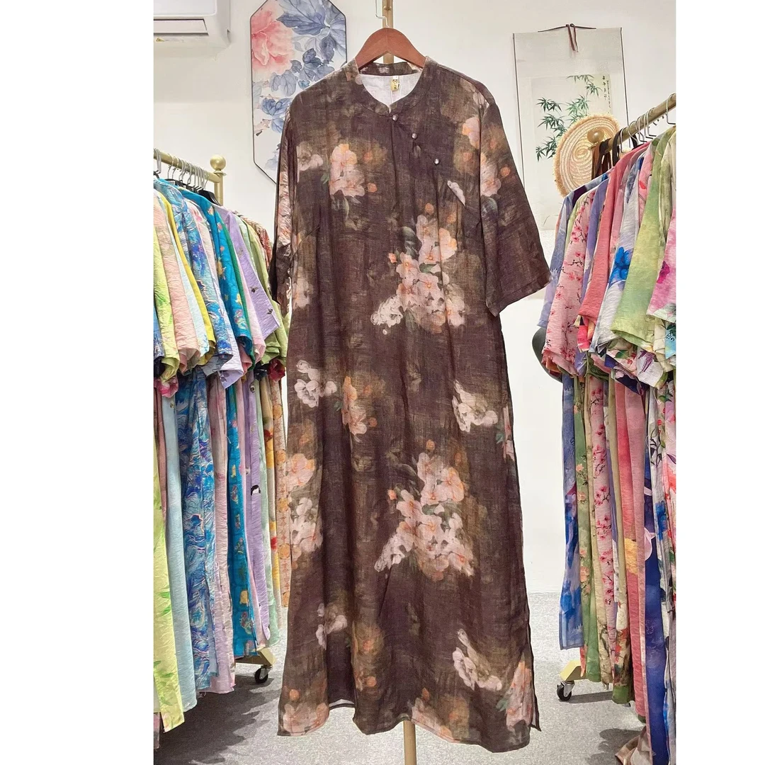 【沧桑洱海】大码中袖连衣裙新中式复古改良旗袍中长裙新款女装