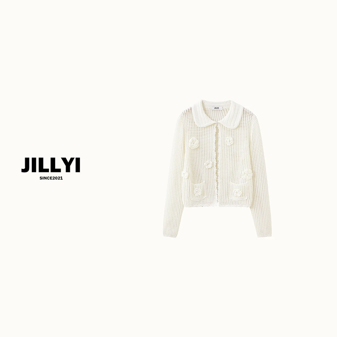 JILLYI南山店【秋日之约】白色元宝领镂空工艺立体山茶花时尚百搭针