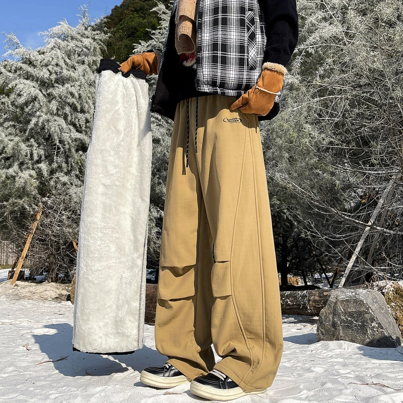 纯色简约男士潮流冬季新款拼接褶皱加绒加厚日常宽松百搭休闲长裤