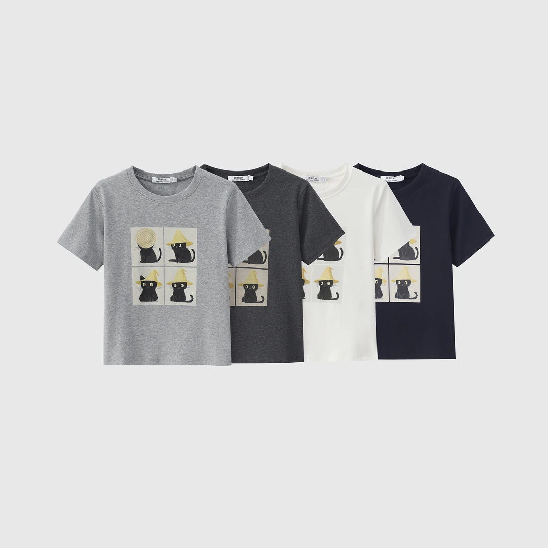 【蔓迪欧尚】2025夏季新款四只小猫韩版正肩圆领短袖T恤百搭25113