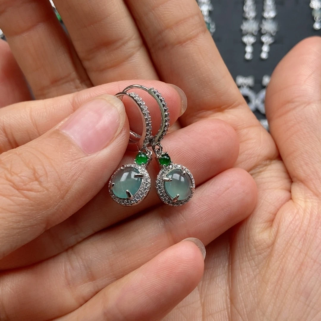 翡翠银S925镶嵌耳饰0*清翡翠首饰