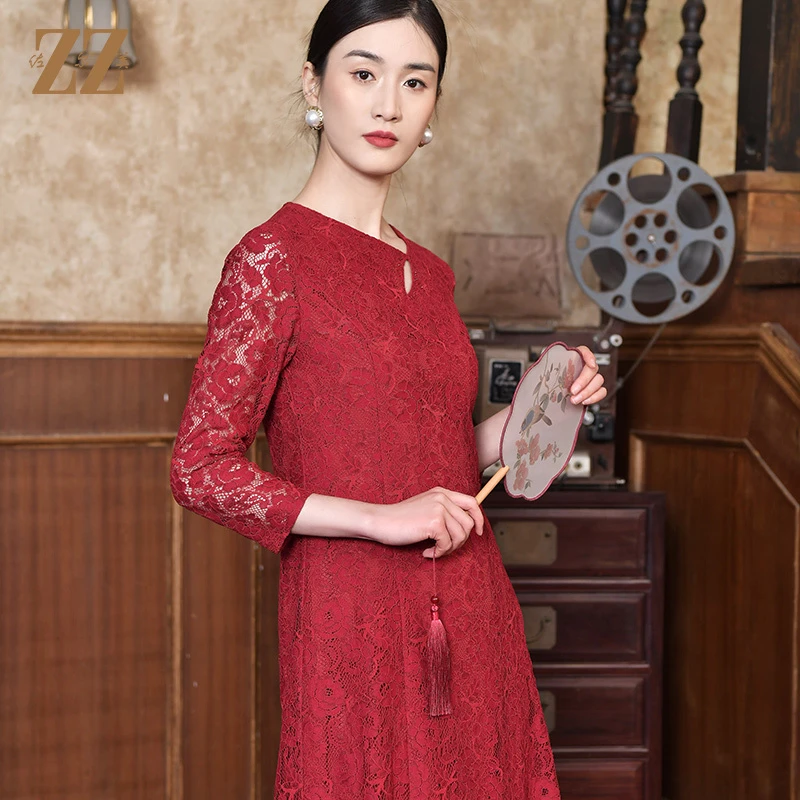 ZZ/佐尔美春季新款中国风蕾丝气质收腰7分袖中长款连衣裙E21LL12