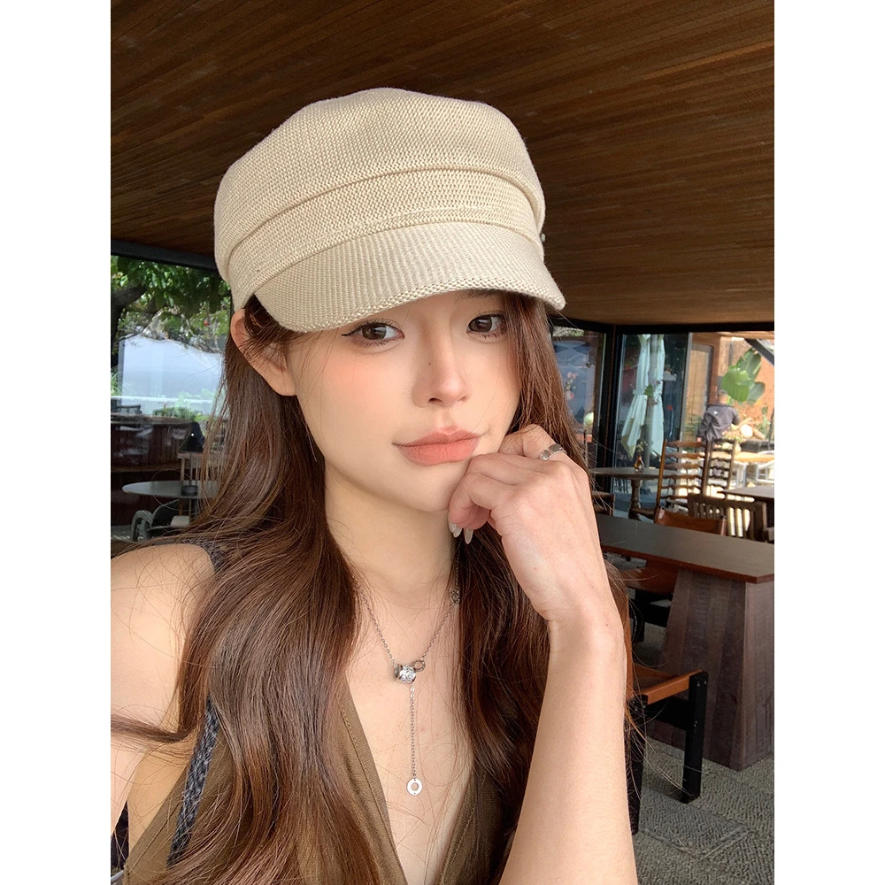 时尚复古薄款亚麻八角帽子女2025夏季百搭新款英伦风前进帽报童帽