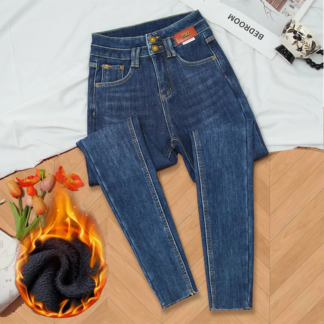 2025年复古蓝高腰小脚加绒紧身牛仔铅笔裤女秋冬新款显高显瘦提臀