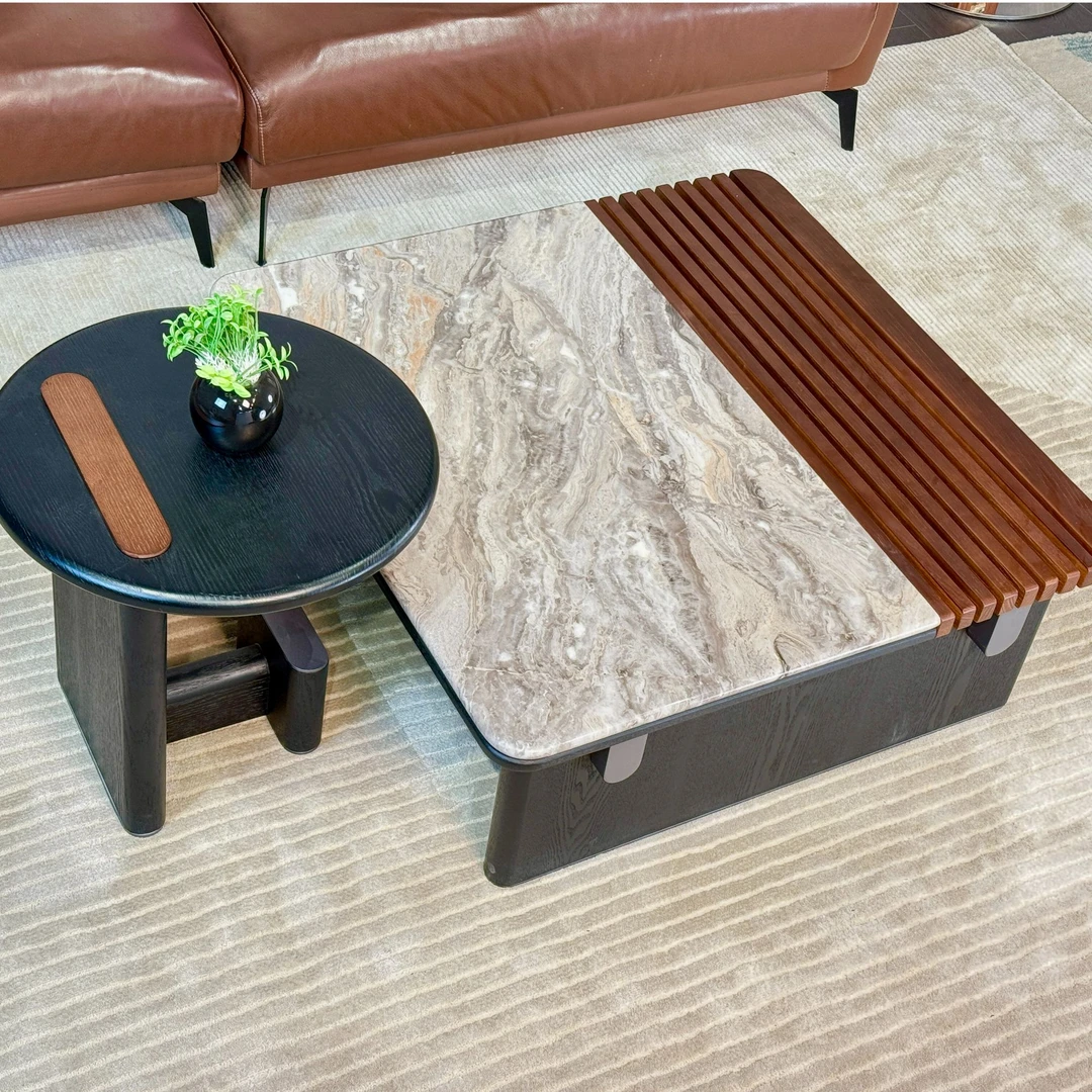 意式新款茶几现代轻奢小户型客厅家用中式高级简约实木圆形胡桃木