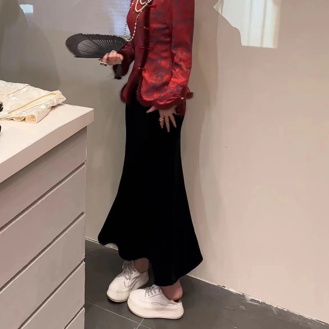 现货【美人鱼】新中式修身复古百搭秋冬显瘦鱼尾女装半身裙裙