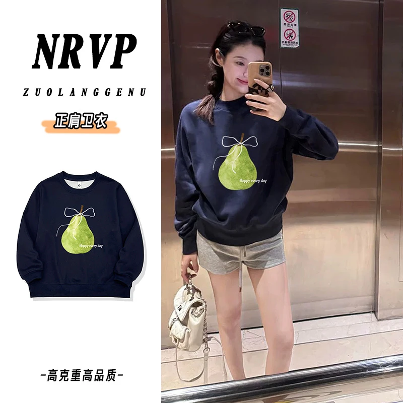 正肩小清新水果梨印花长袖卫衣简约小众百搭宽松休闲大码女装上衣