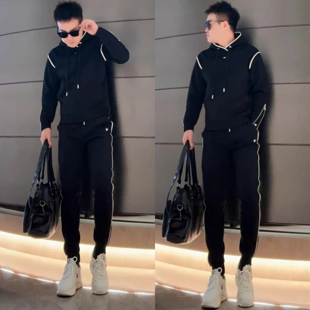 春季新款男士时尚套装休闲百搭连帽卫衣纯色运动裤潮流韩版一整套