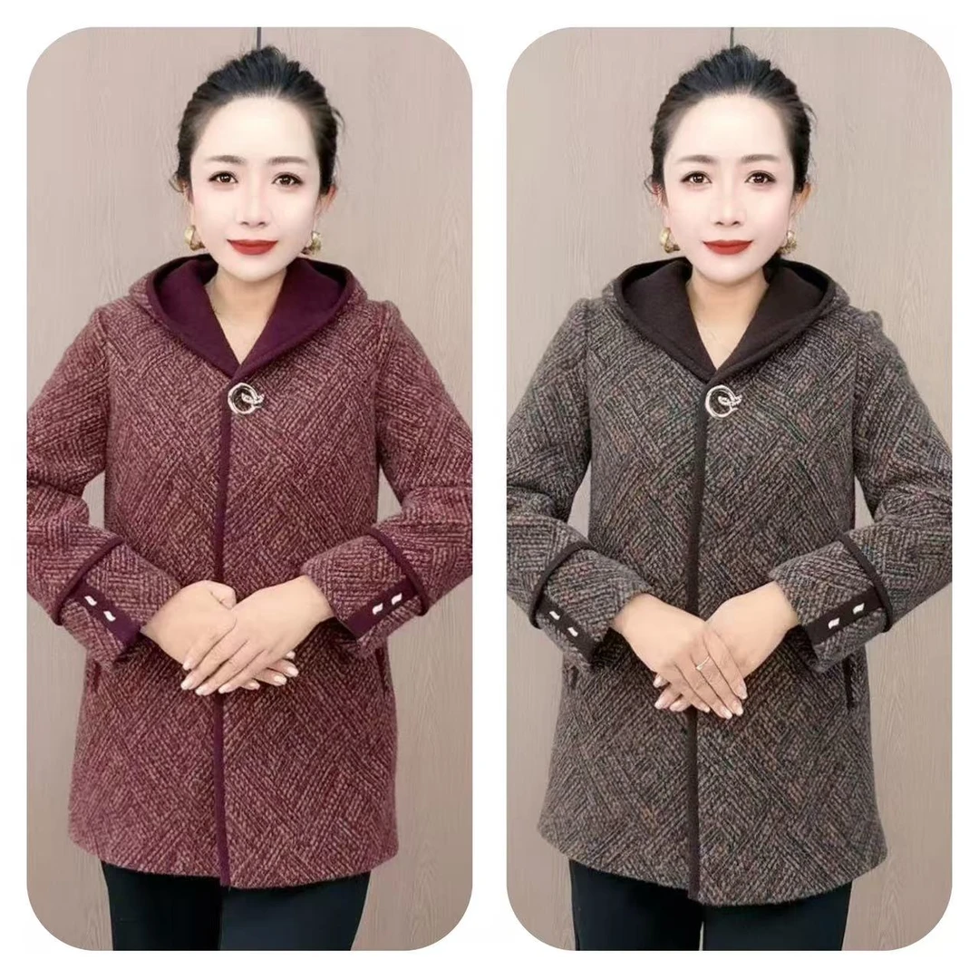 81-19A 双袖口钻扣金绒复古格纹大气连帽直筒厚款长袖外套（G）