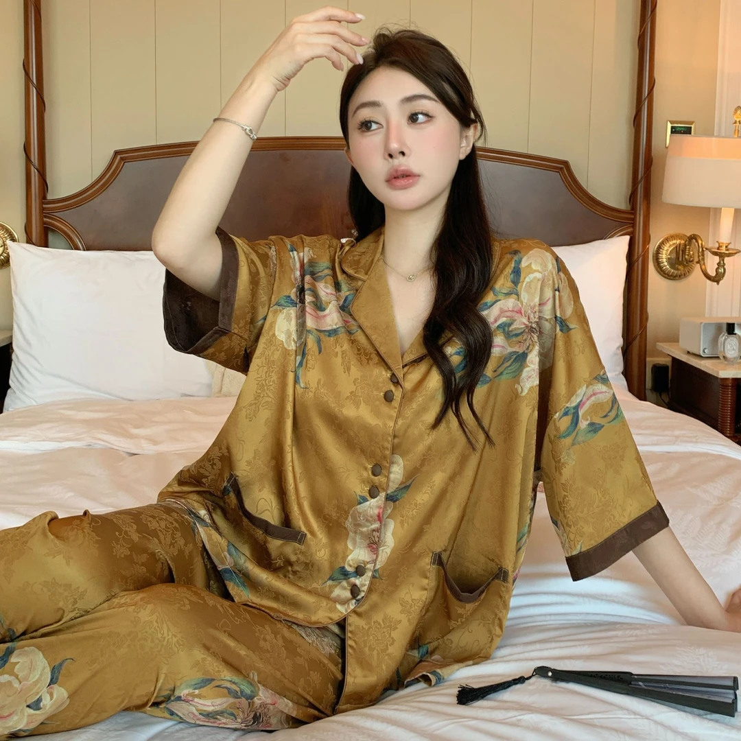 【金玉良缘】2025年夏季舒适睡衣女士套装可外穿家居服七分袖三件套