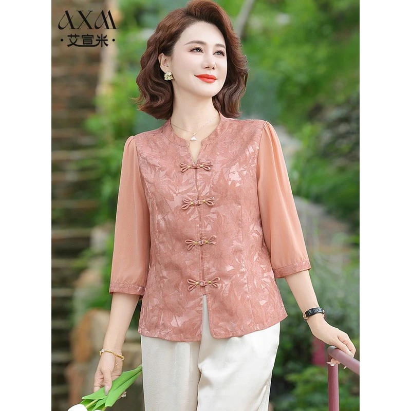 妈妈夏装古风盘扣短袖贵夫人气质上衣中老年女装衬衫雪纺两件套装