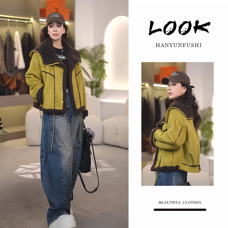 拼接撞色百搭加厚短外套女2025年冬季新款高级感气质复古开衫上衣