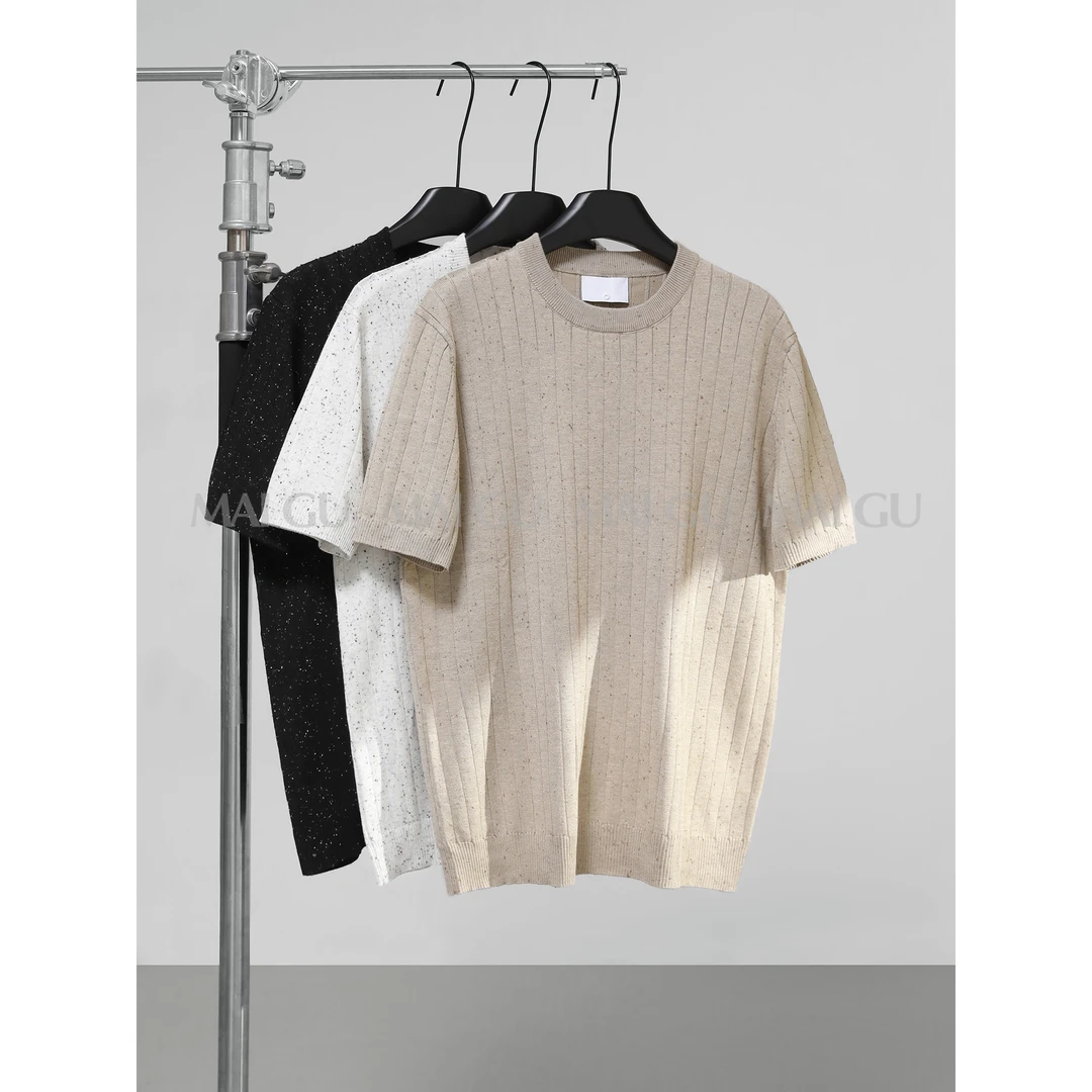 【MAIGU】夏季高定满天星彩点坑条纹设计透气冰感丝针织圆领短袖T恤