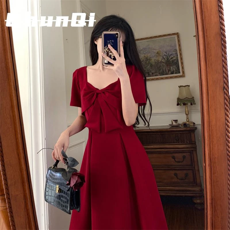 淳启夏季新款大码女装法式复古小红裙礼服裙平时可穿红色连衣裙子
