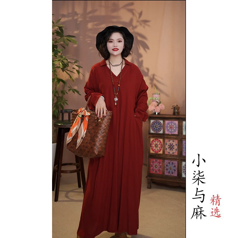 【小柒与麻】新款复古风亚麻半V领裙袍（衣长120胸围134）橘红色