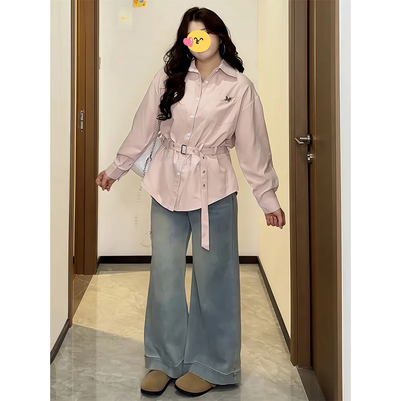 大码胖MM纯欲风polo领腰带粉色衬衫女早秋高级感复古收腰显瘦上衣
