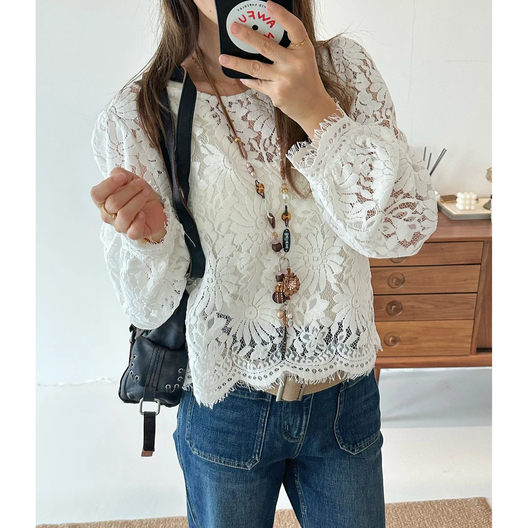 NAGUAGU/南瓜谷【花影蕾丝衫】重工刺绣绒感花型女装T恤FX3TX1176-A