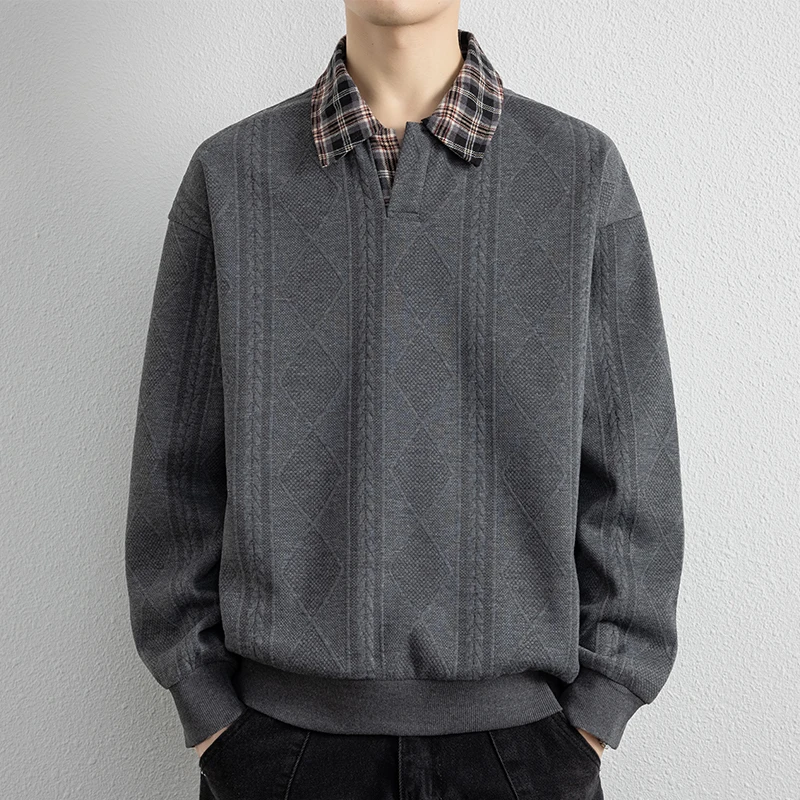 玛斯柏假两件卫衣男士春秋季宽松透气休闲提花设计感潮牌长袖T恤