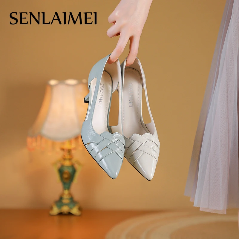 【现货】9402羊皮33-40单鞋女夏季高跟细跟时尚气质镂空浅口单鞋