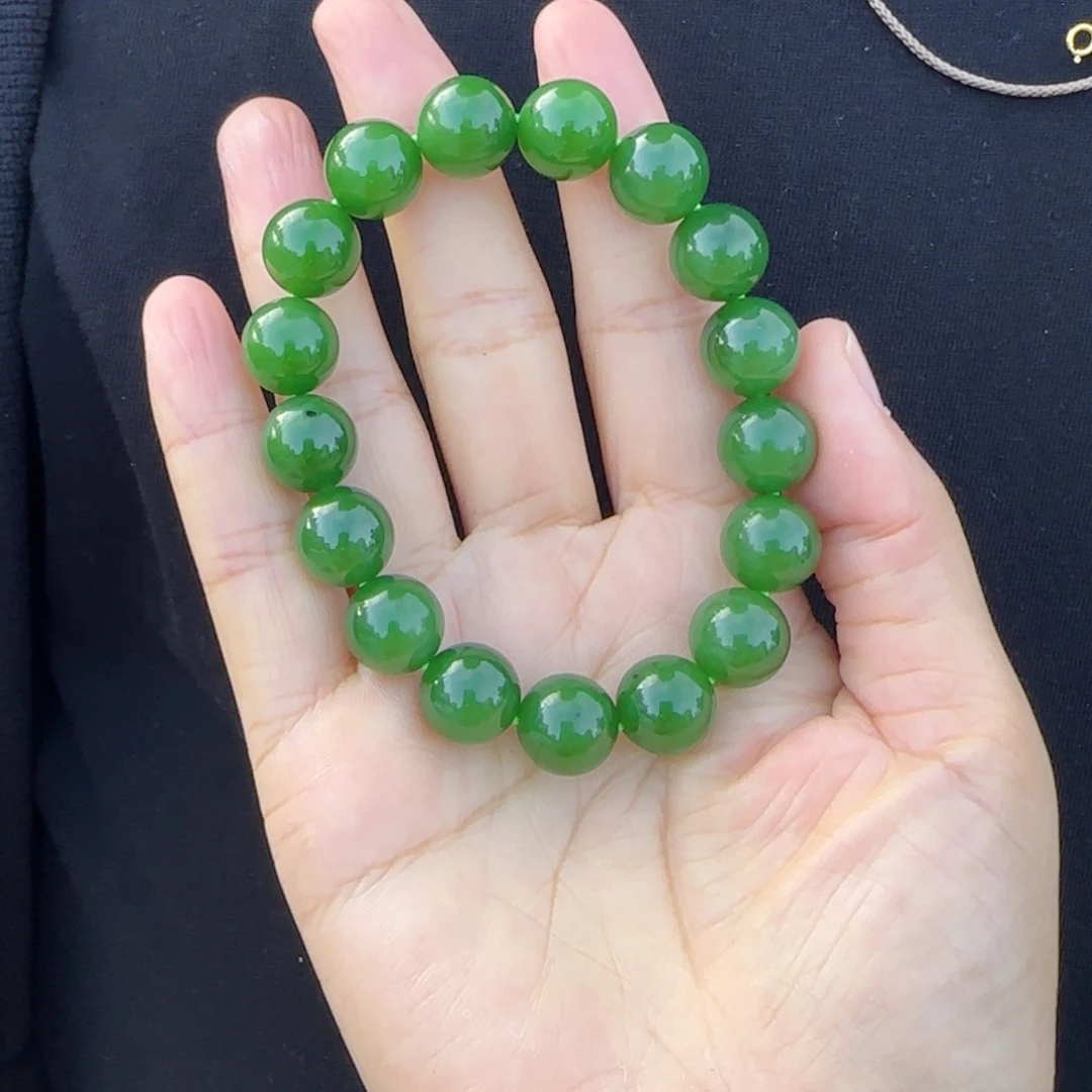 未镶嵌手链和田玉俄碧纯天然浓阳绿卡12