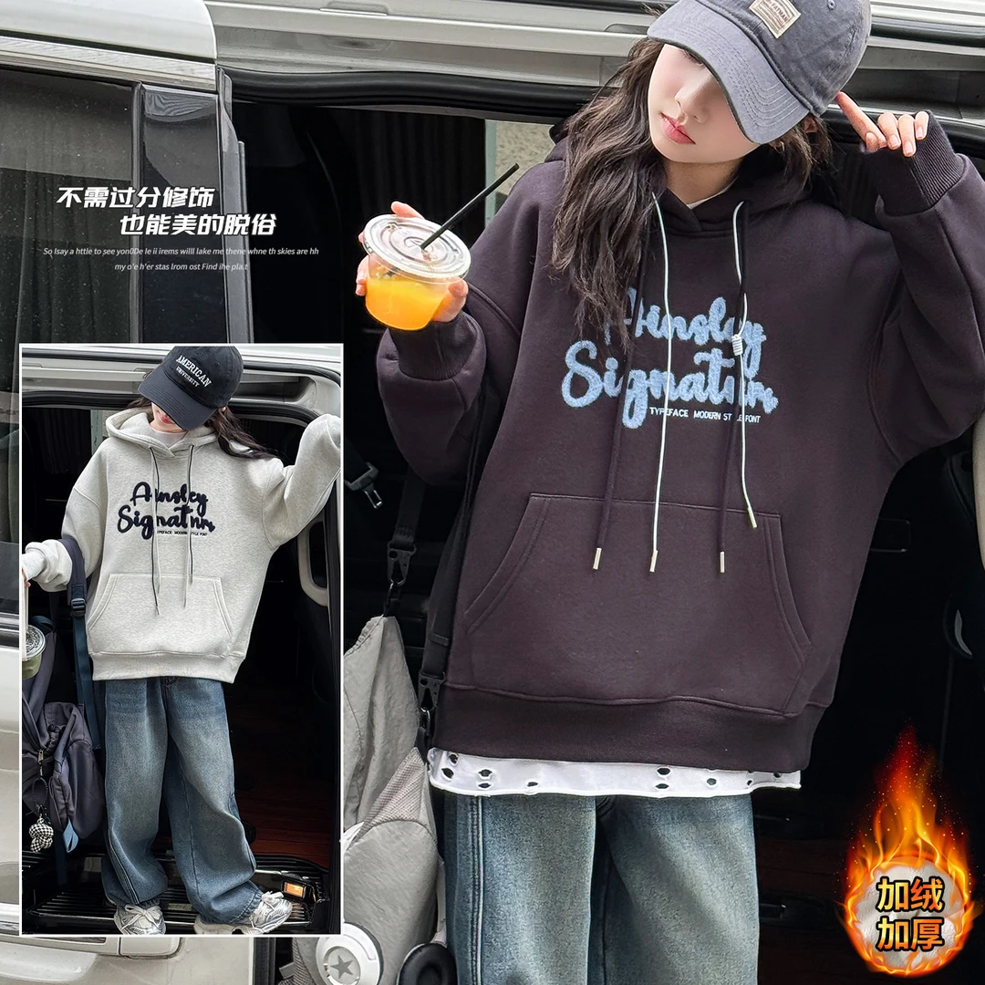 女童秋冬新款绣花大口袋连帽卫衣加绒弯刀裤套装2025新款中大童