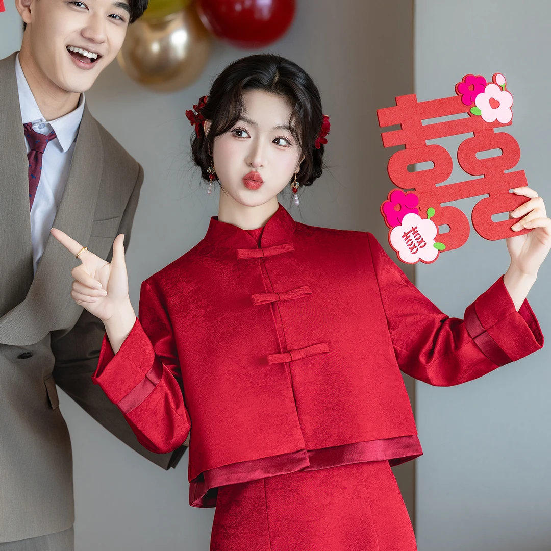 蕾蒂若【子衿】新中式小个子订婚旗袍敬酒服两件套冬季新娘礼服356