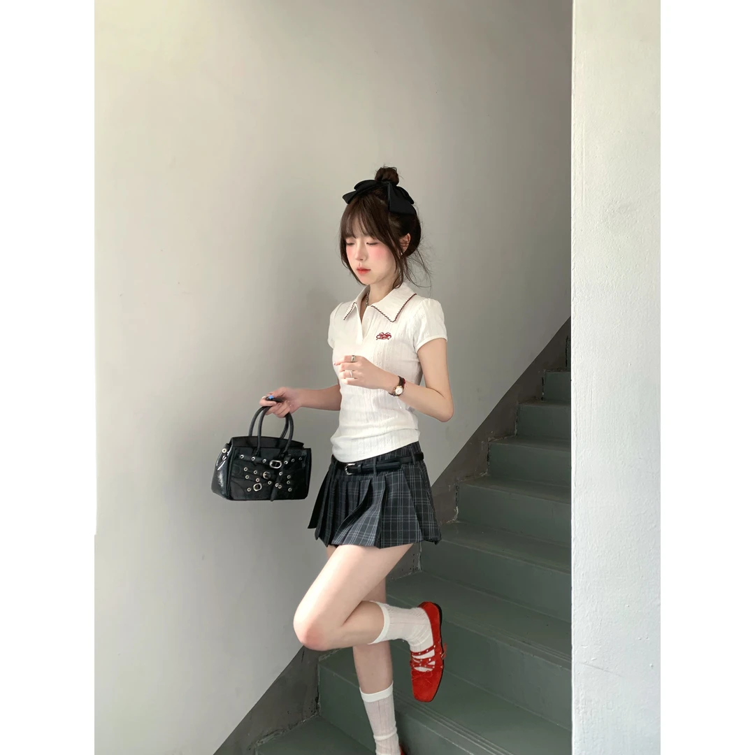 韩系chic别致polo领短袖t恤女夏季设计感小众修身收腰短款上衣潮