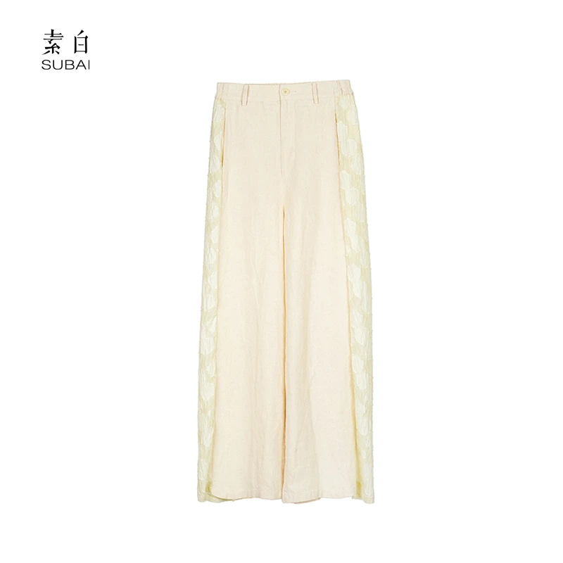 素白【柔光】国风提花汉麻拼接时尚白色简约阔腿裤SB2503K01322