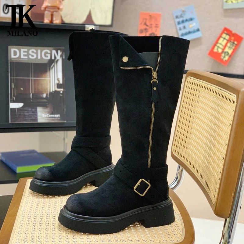 【官网T&K专柜正品】小众设计款绒面长靴冬季超火西部靴复古做旧