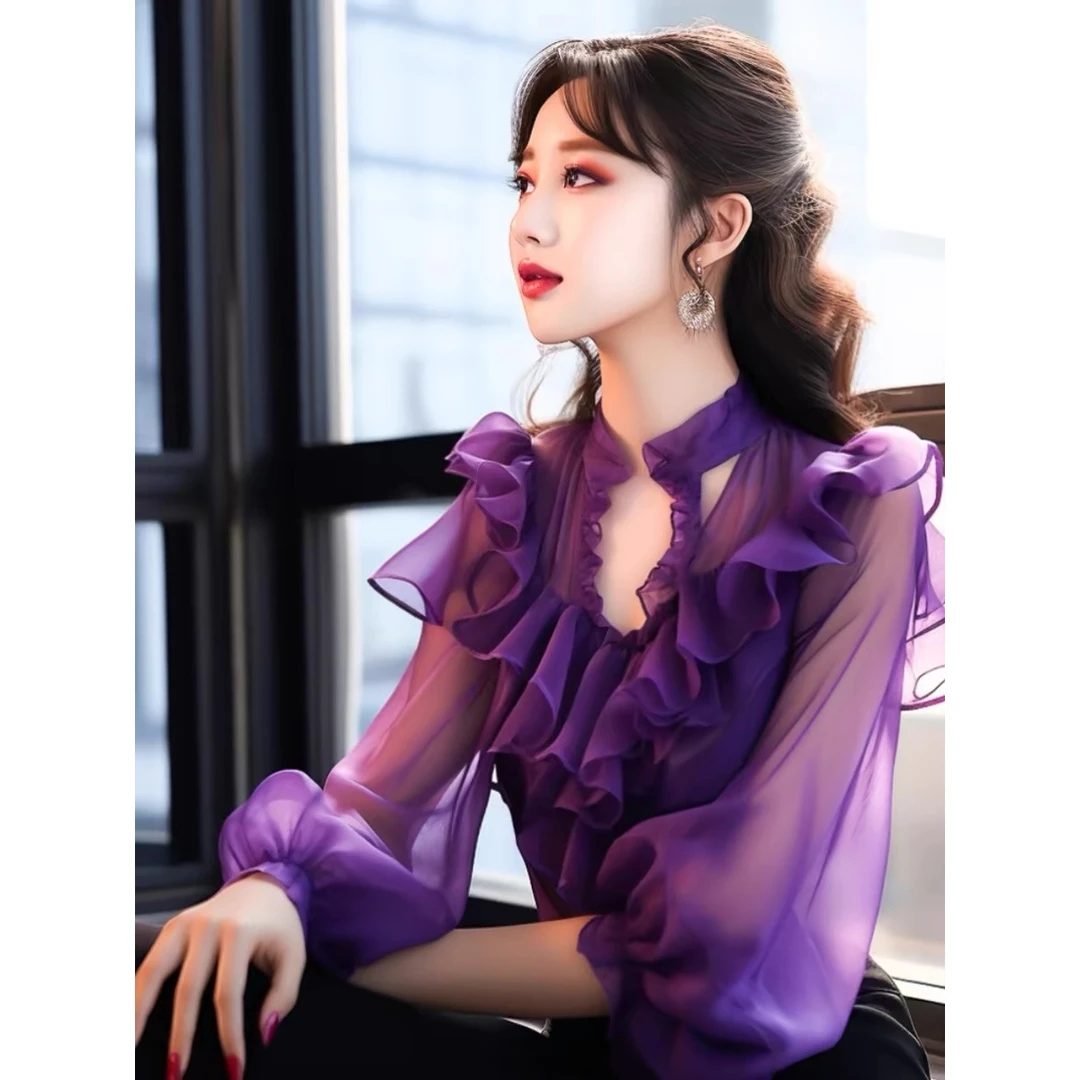 春季新款法式设计绝美小香风紫色立领荷叶边灯笼袖衬衫上衣女