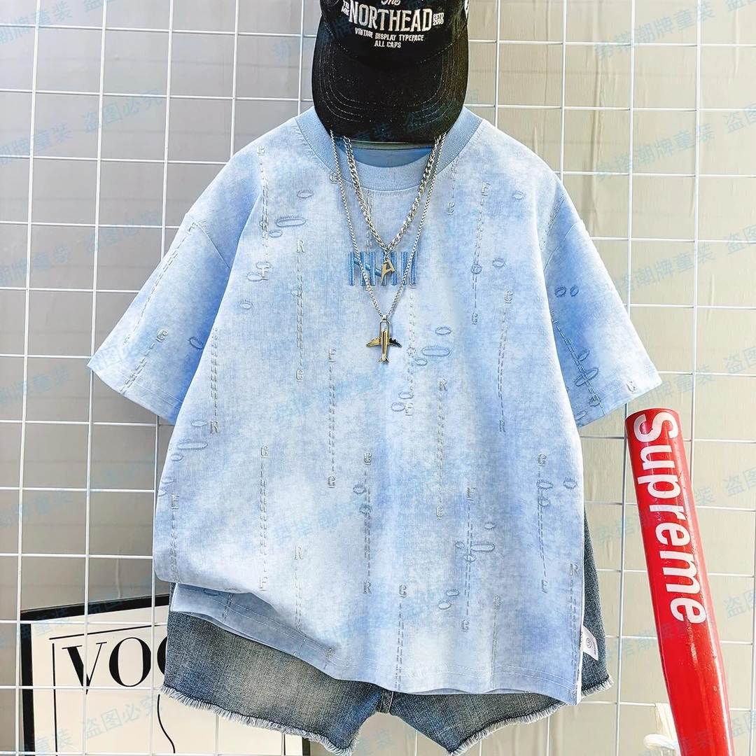 男童夏新短袖T恤2025中大童时尚烫银工艺扎染刺绣韩版宽松潮半袖