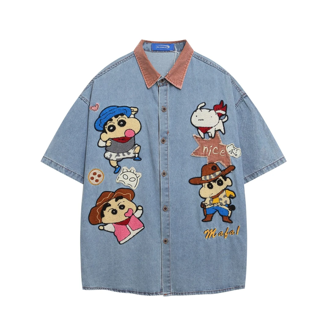 趣味卡通刺绣牛仔短袖衬衫男美式复古夏季宽松休闲翻领情侣衬衣