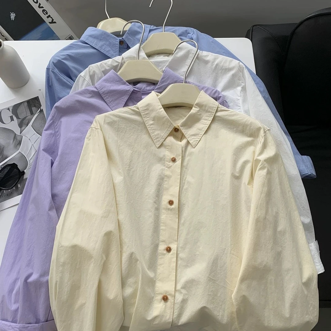 M简约韩版宽松休闲叠穿衬衣外套女水洗全棉百搭高级