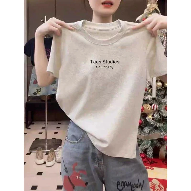 夏季薄款2025年新款正肩纯棉短袖t恤女百搭洋气灰色上衣打底衫潮