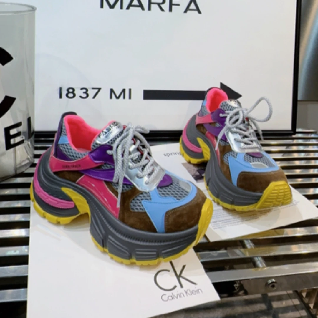 A.M艾墨儿女款拼色玛卡龙配色厚底轻奢女款老爹鞋