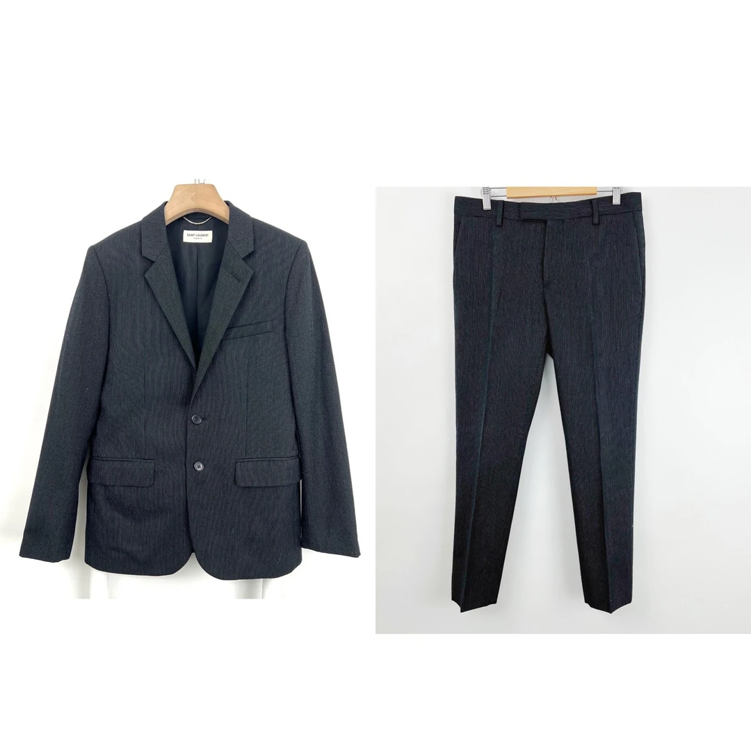 99新 YSL/圣罗兰 46码/slp黑灰竖条纹西装套装/06190/06185