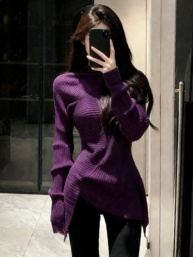 高级感气质漂亮休闲百搭2025秋冬季新款紫色百搭不规则设计毛衣女