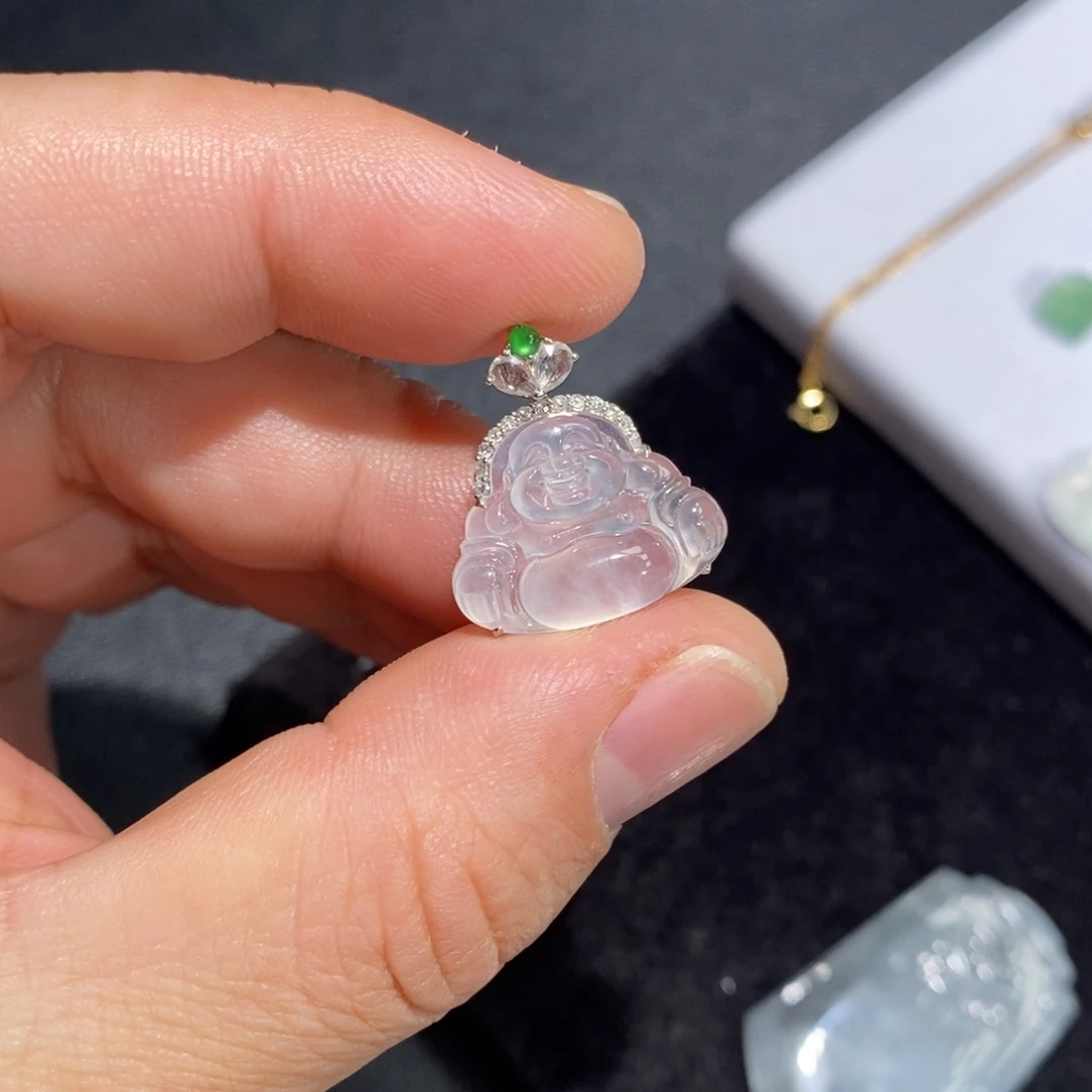 翡翠吊坠(不含链)18K金镶嵌白冰佛公吊坠