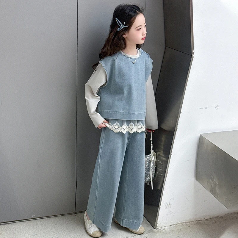 女童牛仔马甲衬衫套装春秋2025新款儿童洋气时髦女大童春装三件套