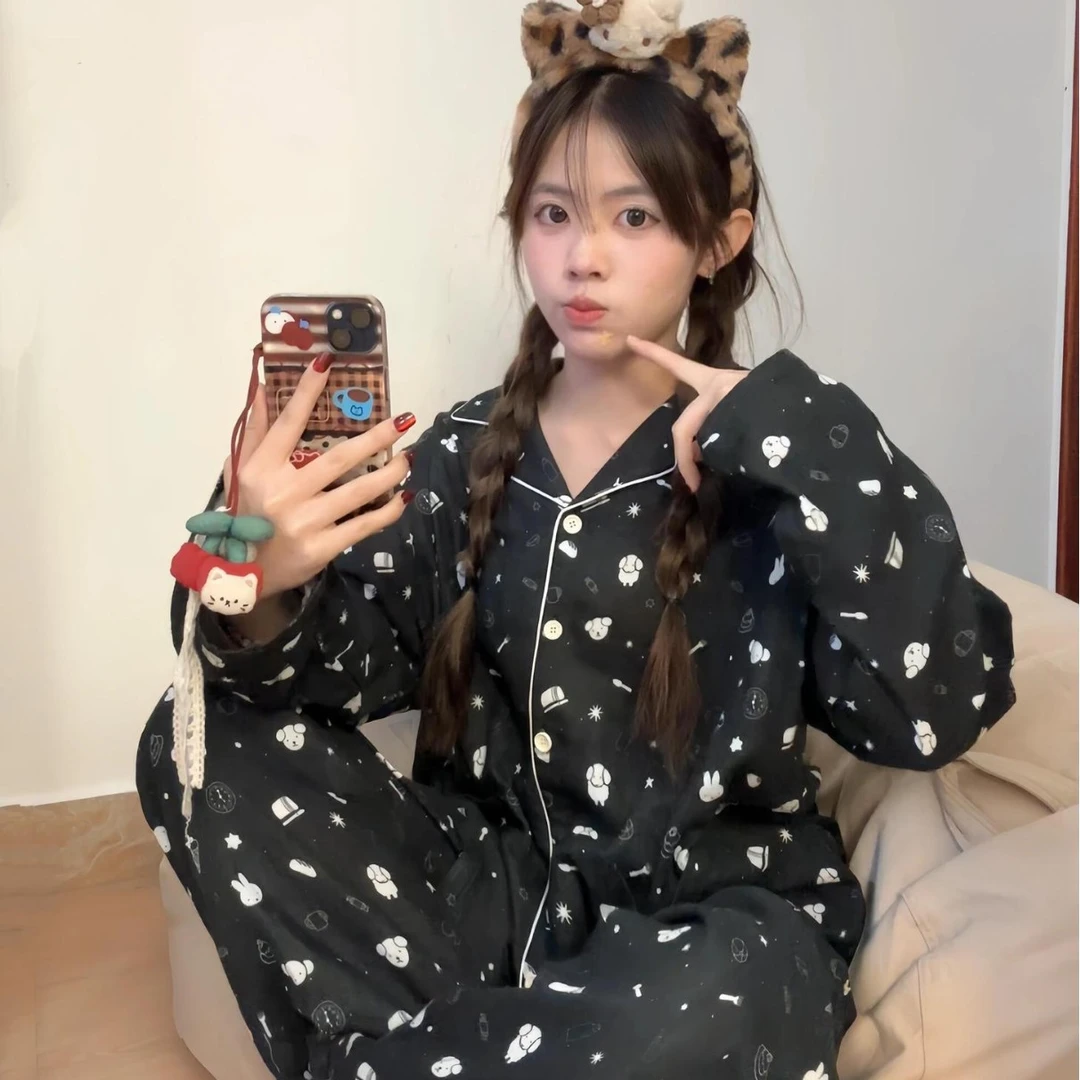 侘町春夏新款暗黑系米菲纯棉双层棉纱长袖睡衣卡通可外穿家居服