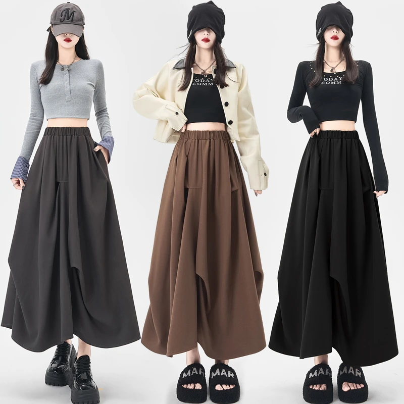 文艺不规则褶皱降落伞半身裙女 秋季高腰垂感a字裙大摆中长款伞裙